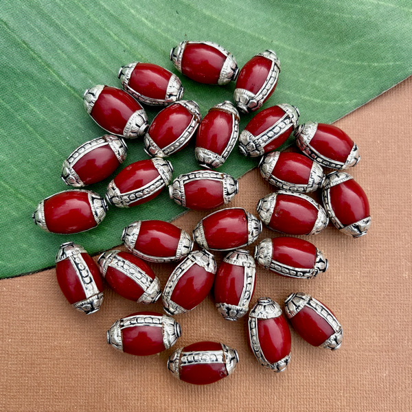 Red Resin & White Metal Oval Beads