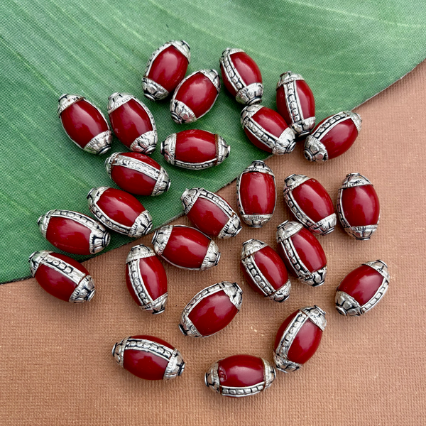 Red Resin & White Metal Oval Beads