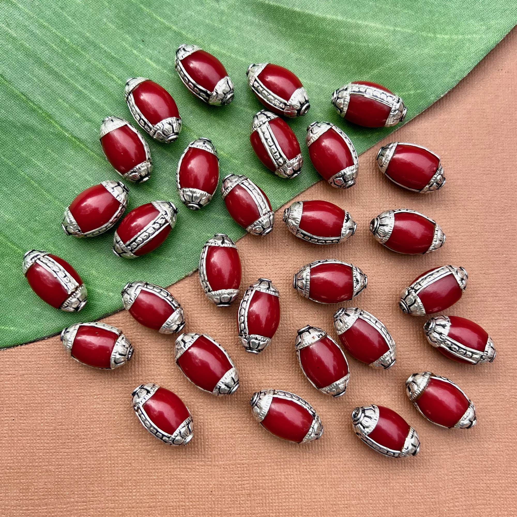 Red Resin & White Metal Oval Beads