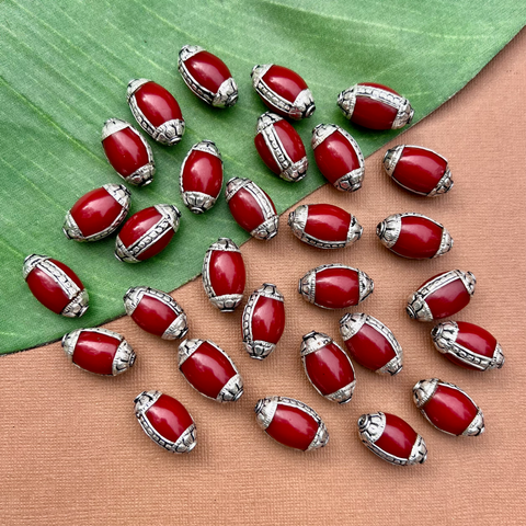 Red Resin & White Metal Oval Beads