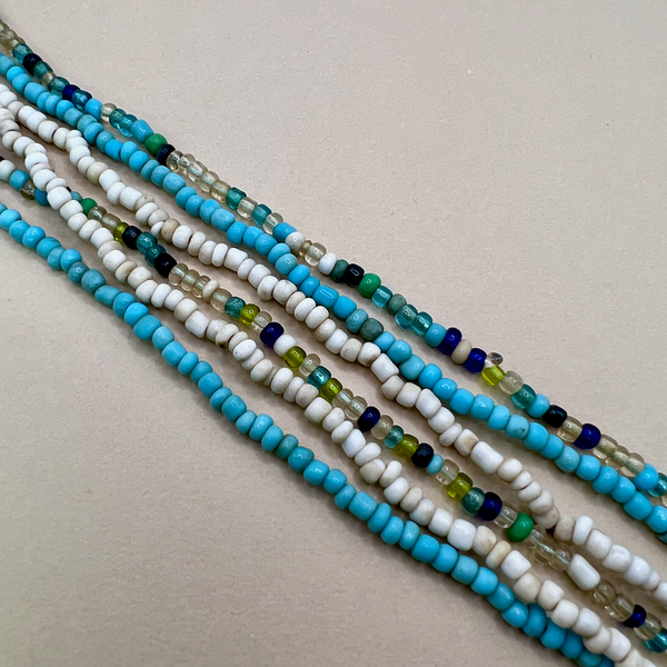 Three Strand Indonesian Glass Long Necklaces - Light Blue, White, Ocean