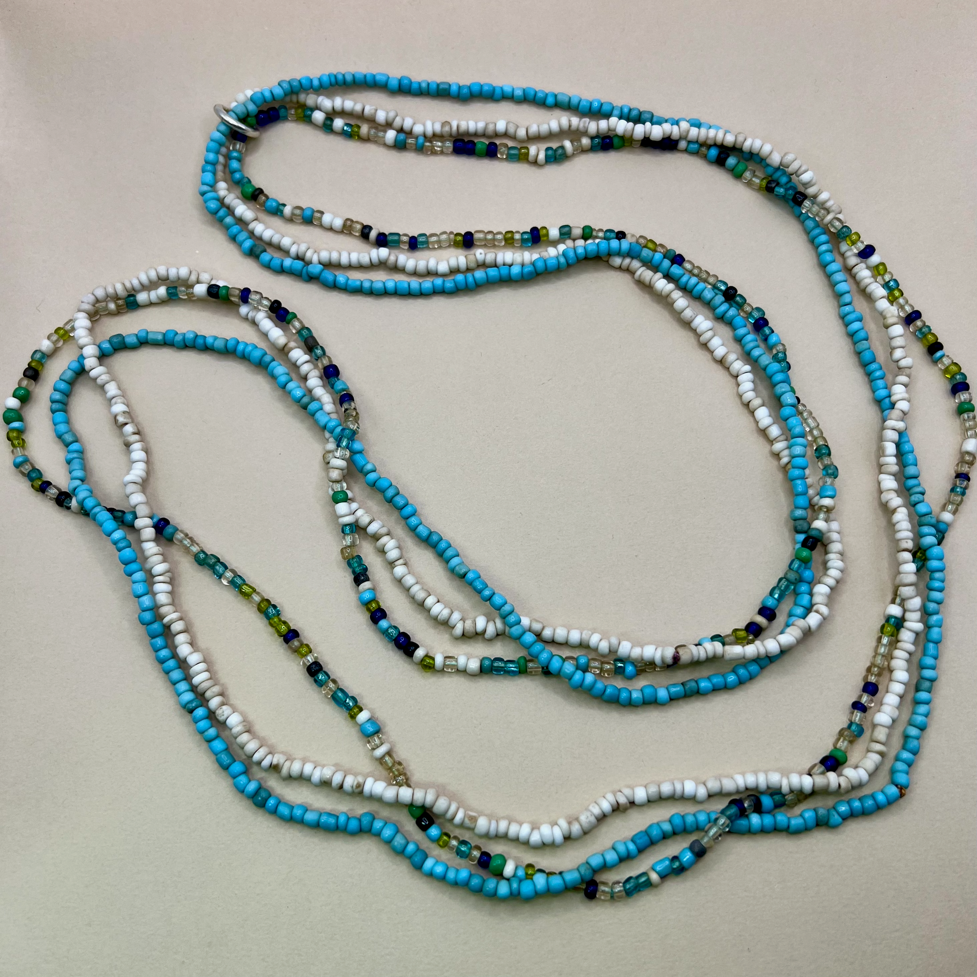 Three Strand Indonesian Glass Long Necklaces - Light Blue, White, Ocean