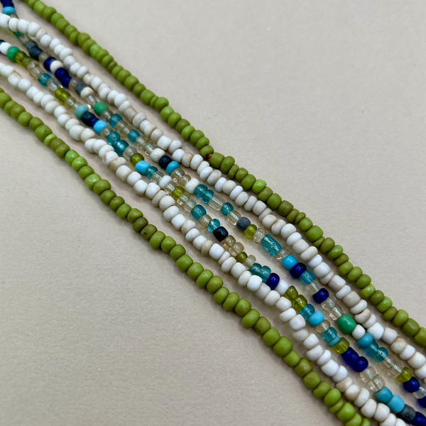 Three Strand Indonesian Glass Long Necklaces - Green, White, Ocean