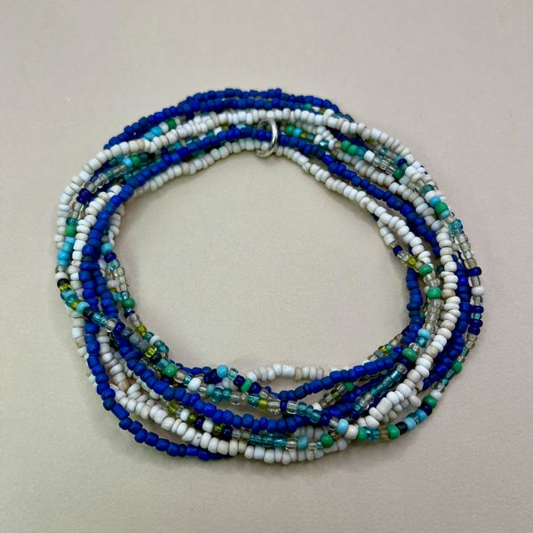 Three Strand Indonesian Glass Long Necklaces - Cobalt, White, Ocean