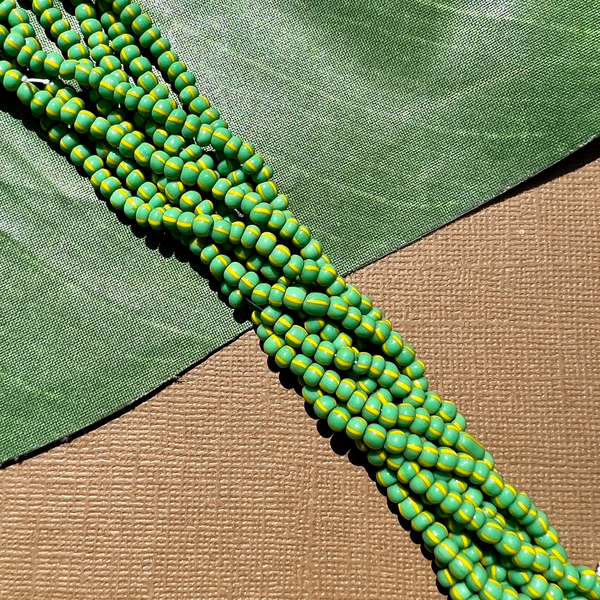 Czech green with yellow stripe size 6 seed bead - shown twisted