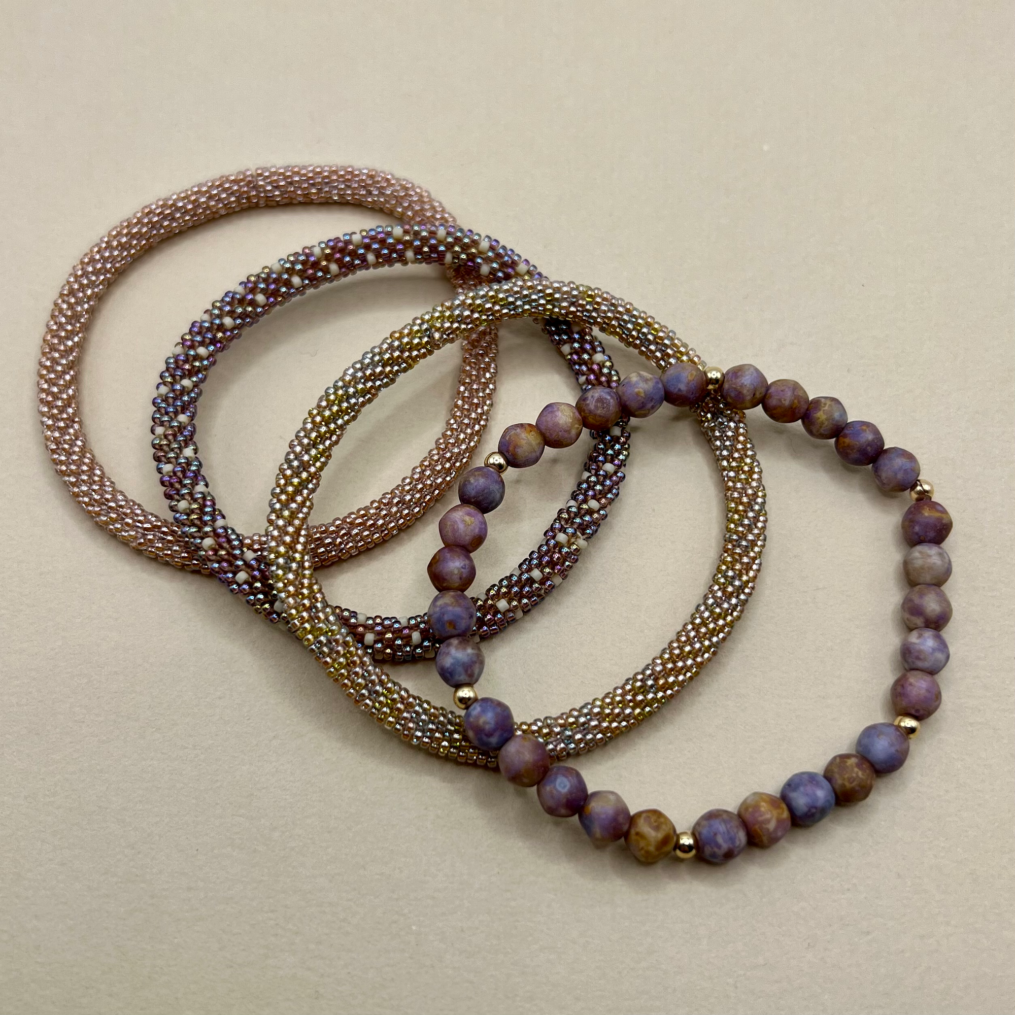 Purple Pink Picasso Beaded Bangle Set - Size 15 Beads