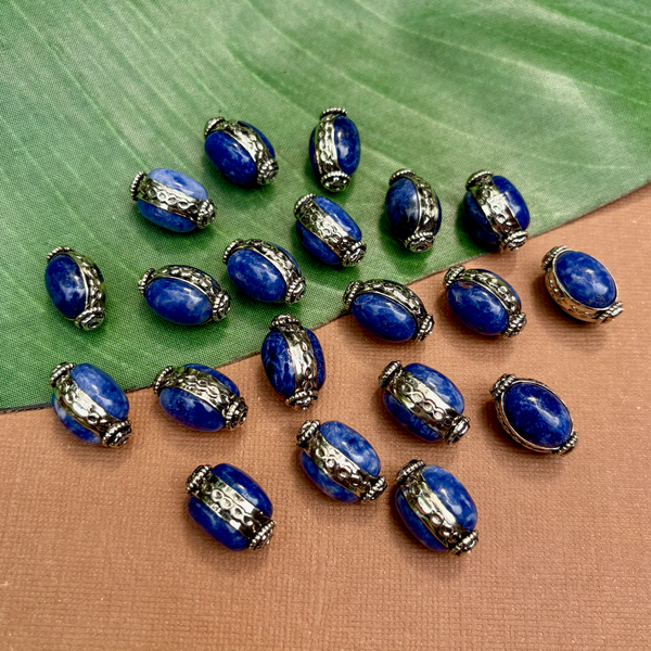 Blue Sodalite & White Metal Oval Beads