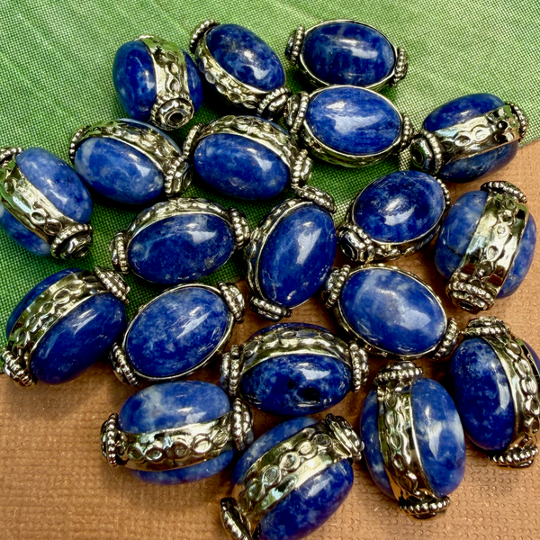 Blue Sodalite & White Metal Oval Beads