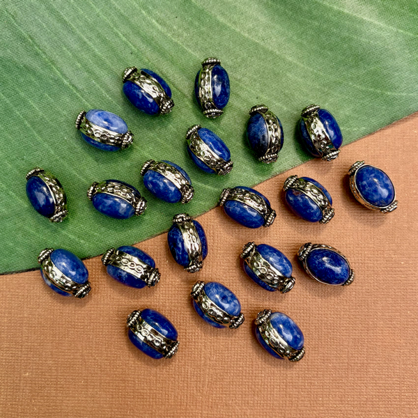 Blue Sodalite & White Metal Oval Beads