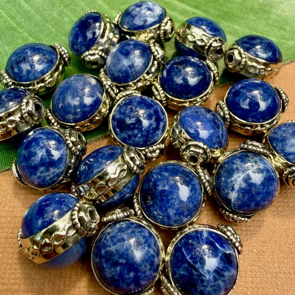 Blue Sodalite & White Metal Round Beads