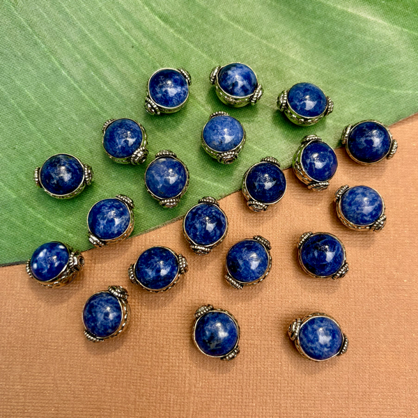 Blue Sodalite & White Metal Round Beads