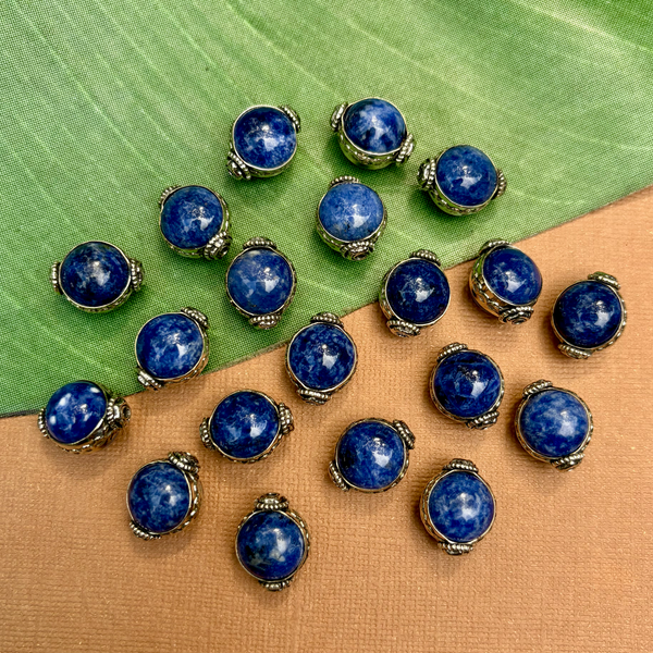 Blue Sodalite & White Metal Round Beads