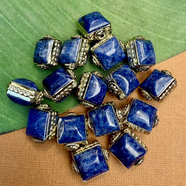 Blue Sodalite & White Metal Square Beads
