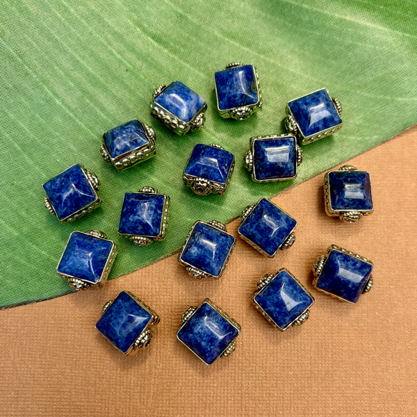 Blue Sodalite & White Metal Square Beads