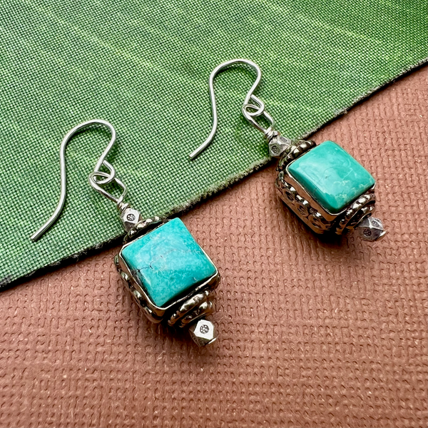 Turquoise & White Metal Earrings