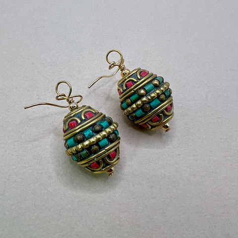 Tibetan Turquoise & Coral Bicone Earrings