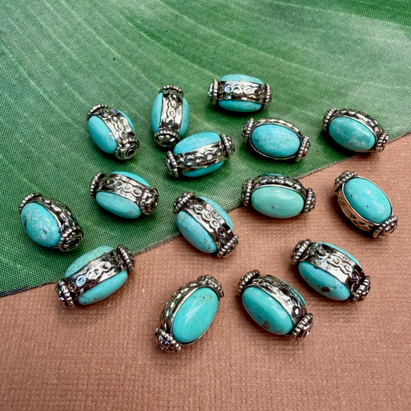 Turquoise & White Metal Oval Beads