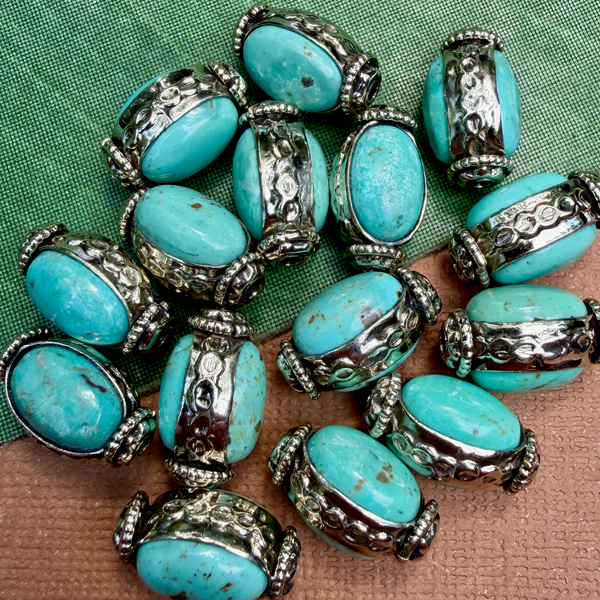Turquoise & White Metal Oval Beads