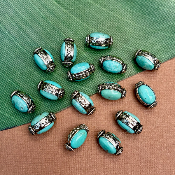 Turquoise & White Metal Oval Beads