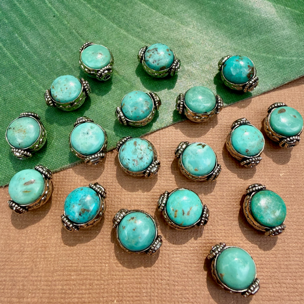 Turquoise & White Metal Round Beads