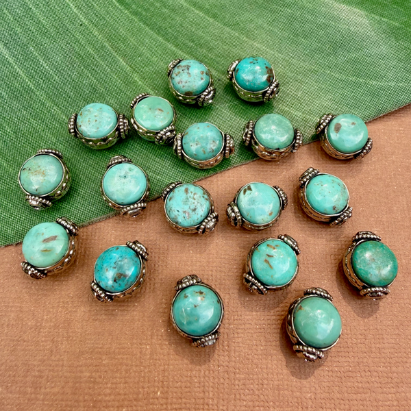 Turquoise & White Metal Round Beads