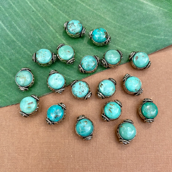 Turquoise & White Metal Round Beads