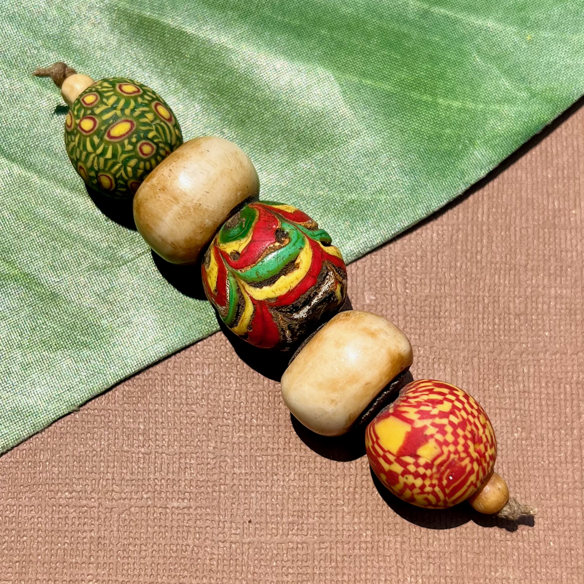 Green and Red/Yellow Jatim "Viking" Glass Beads & Bone - 5 Pieces