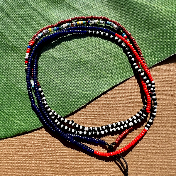 African Seed Bead Long Necklace - Red, Blue, Black & White
