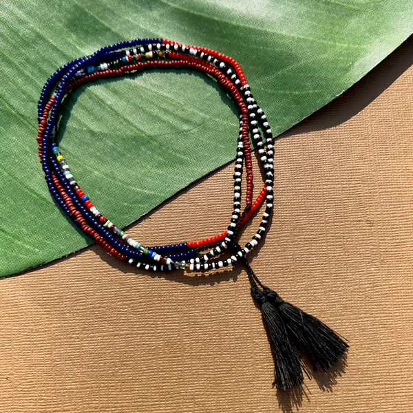 African Seed Bead Long Necklace - Red, Blue, Black & White