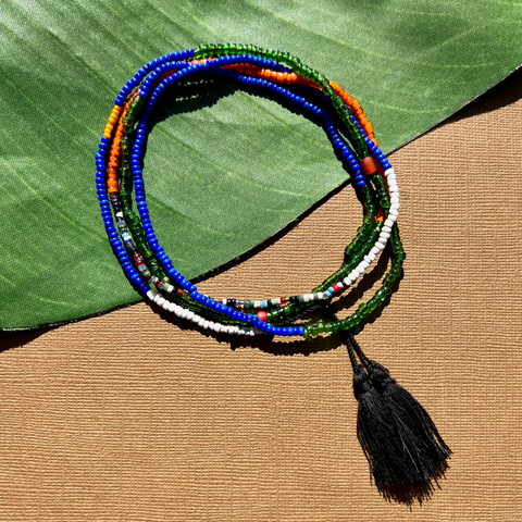 African Seed Bead Long Necklace - Green, Blue, Orange