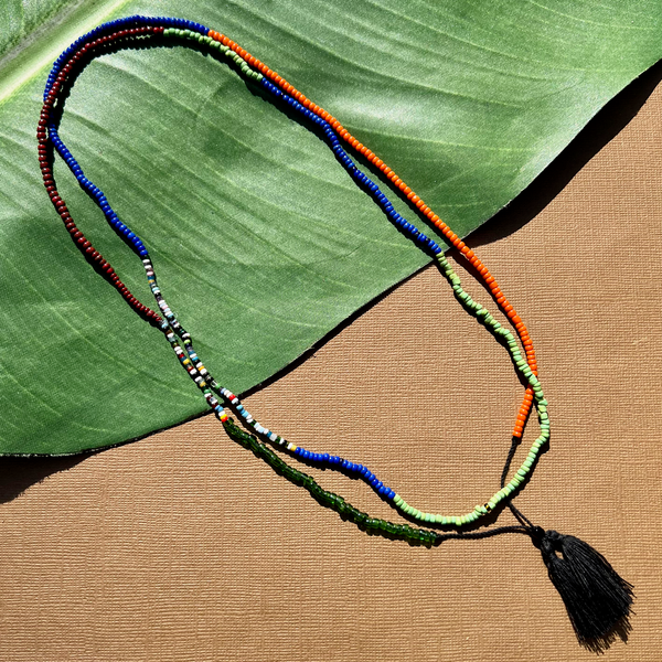 African Seed Bead Long Necklace - Blue, Light Green, Orange, Red