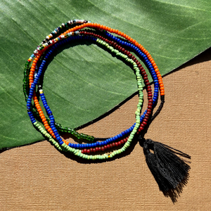 African Seed Bead Long Necklace - Blue, Light Green, Orange, Red