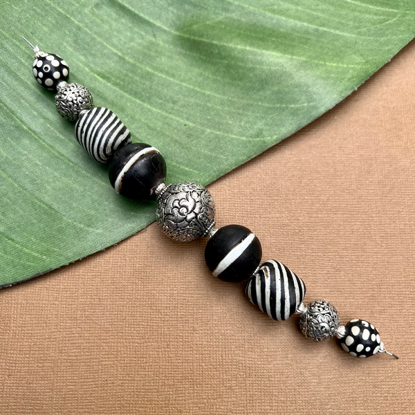 Black Glass and Carved Silver Strand -  9 Pieces