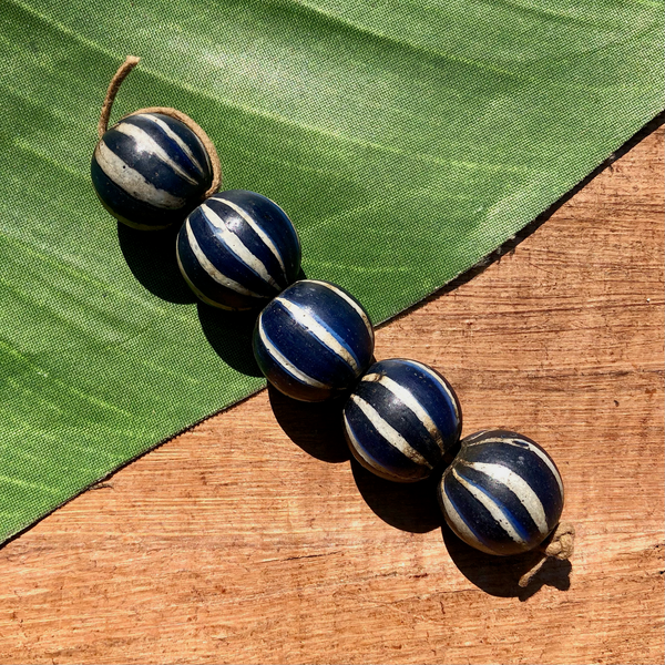 Blue Striped Glass Beads - 5 Pieces