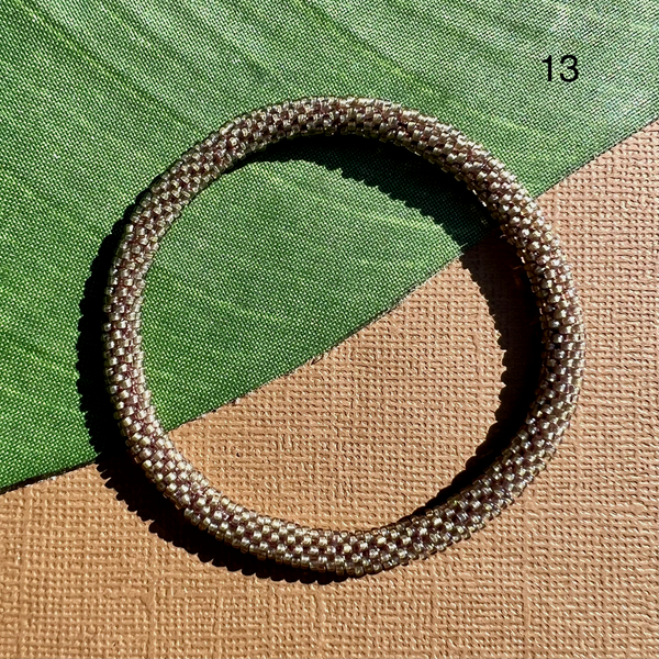 Neutral taupe glass seed bead bangle bracelet.