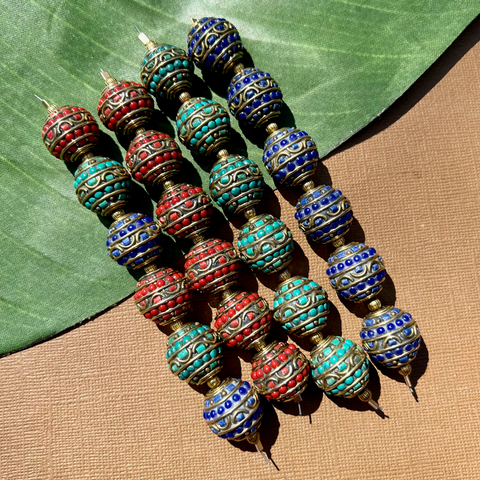 Tibetan inlay round beads with brass half moon. Turquoise, Coral, Lapis.