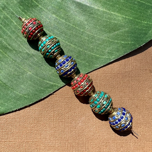 Tibetan inlay round beads with brass half moon. Turquoise, Coral, Lapis.