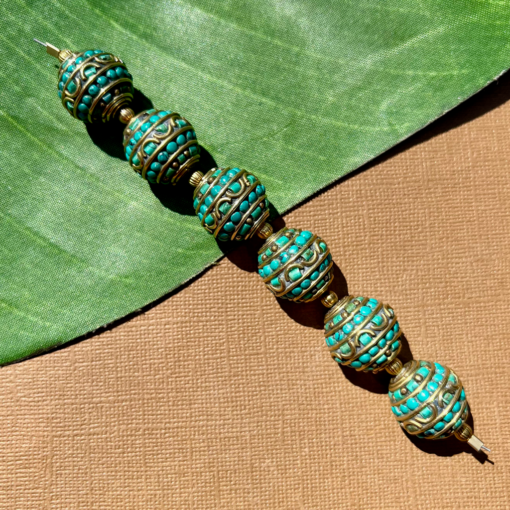 Tibetan Brass Stone Round Half Moon Beads 6 Pieces Bead Goes On