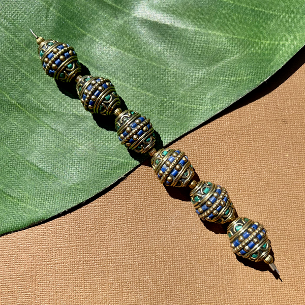 Tibetan Brass & Stone Large Bi-Cone Beads - 6 Pieces