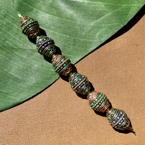 Tibetan Brass & Stone Large Bi-Cone Beads - 6 Pieces