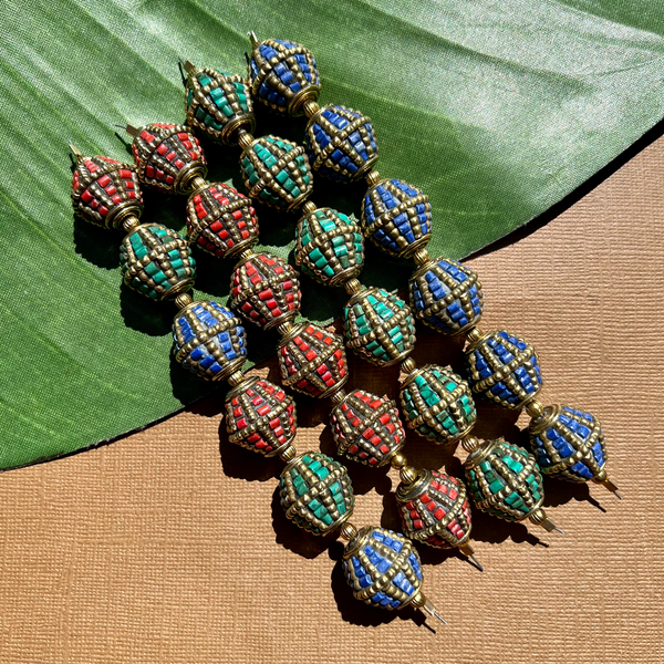 Tibetan Brass & Stone Bi-Cone Beads - 6 Pieces