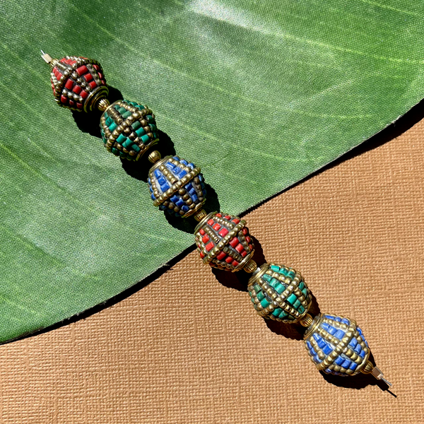 Tibetan Brass & Stone Bi-Cone Beads - 6 Pieces