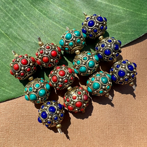 Tibetan Brass & Stone Dotted Rounds Beads - 3 Pieces