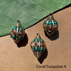 Tibetan Brass & Stone Pendants - 3 Pieces