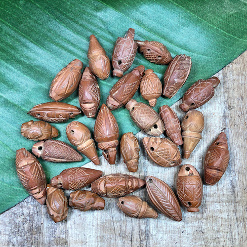 Unusual Carved Wood Beads - 12 Pieces