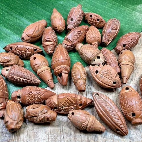Unusual Carved Wood Beads - 12 Pieces