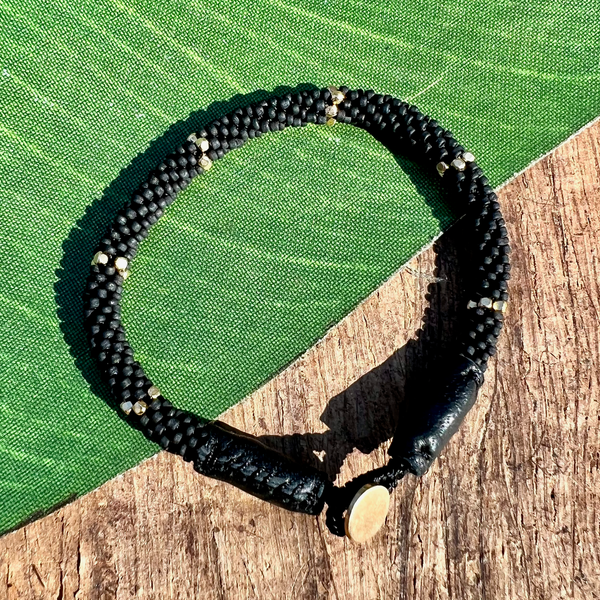 Black Coffee Leather Cap Beaded Bangle Bracelet