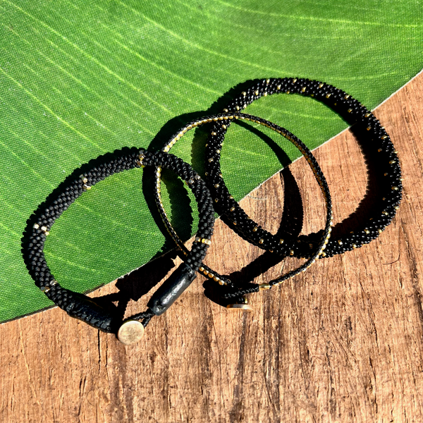 Black Coffee Leather Cap Beaded Bangle Bracelet Set
