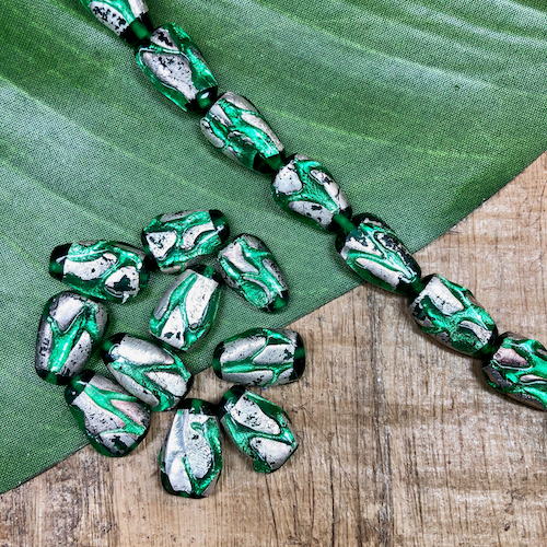 Vintage Green & Silver Foil Beads - 9 Pieces